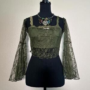 Green Lace Whimsy Fairycore Layered Cami Top with Flare Sleeves – Ethereal Y2K